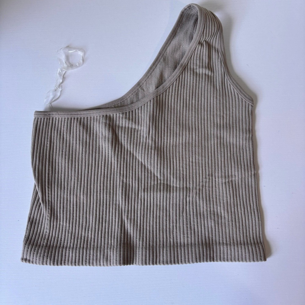 Aura One-Shoulder Ribbed Tank in Beige